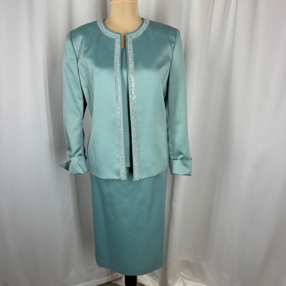 Kasper 3 Piece Aqua Satin Skirt Suit Beaded Sequin Trim Size‎ 12